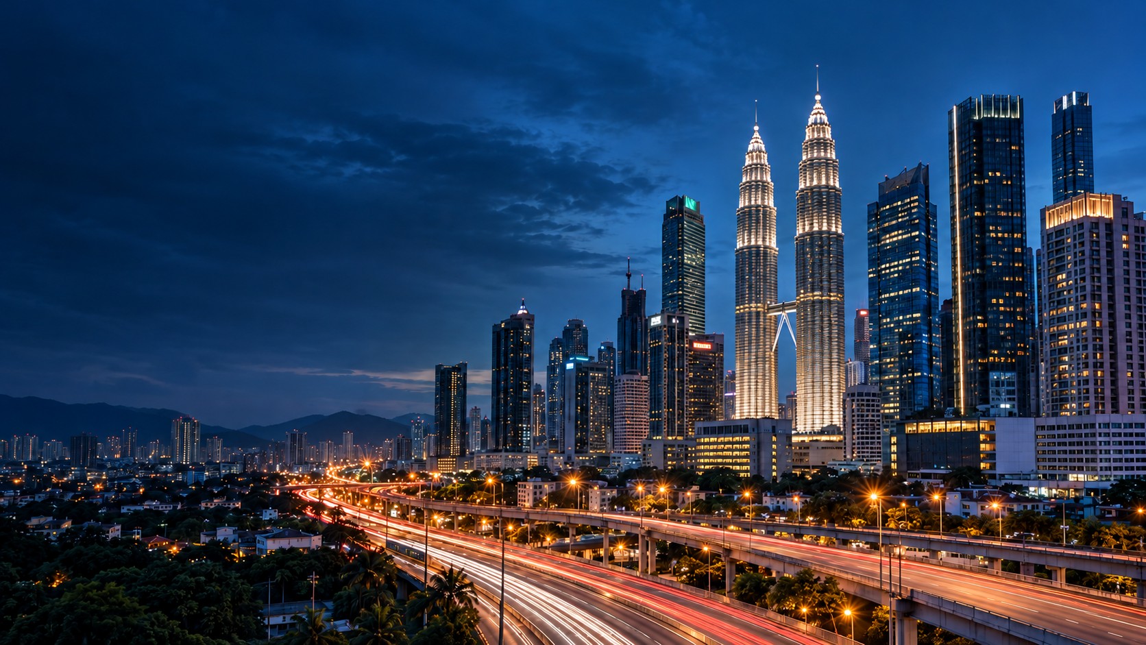 Illustrative blue-hour Kuala Lumpur cityscape